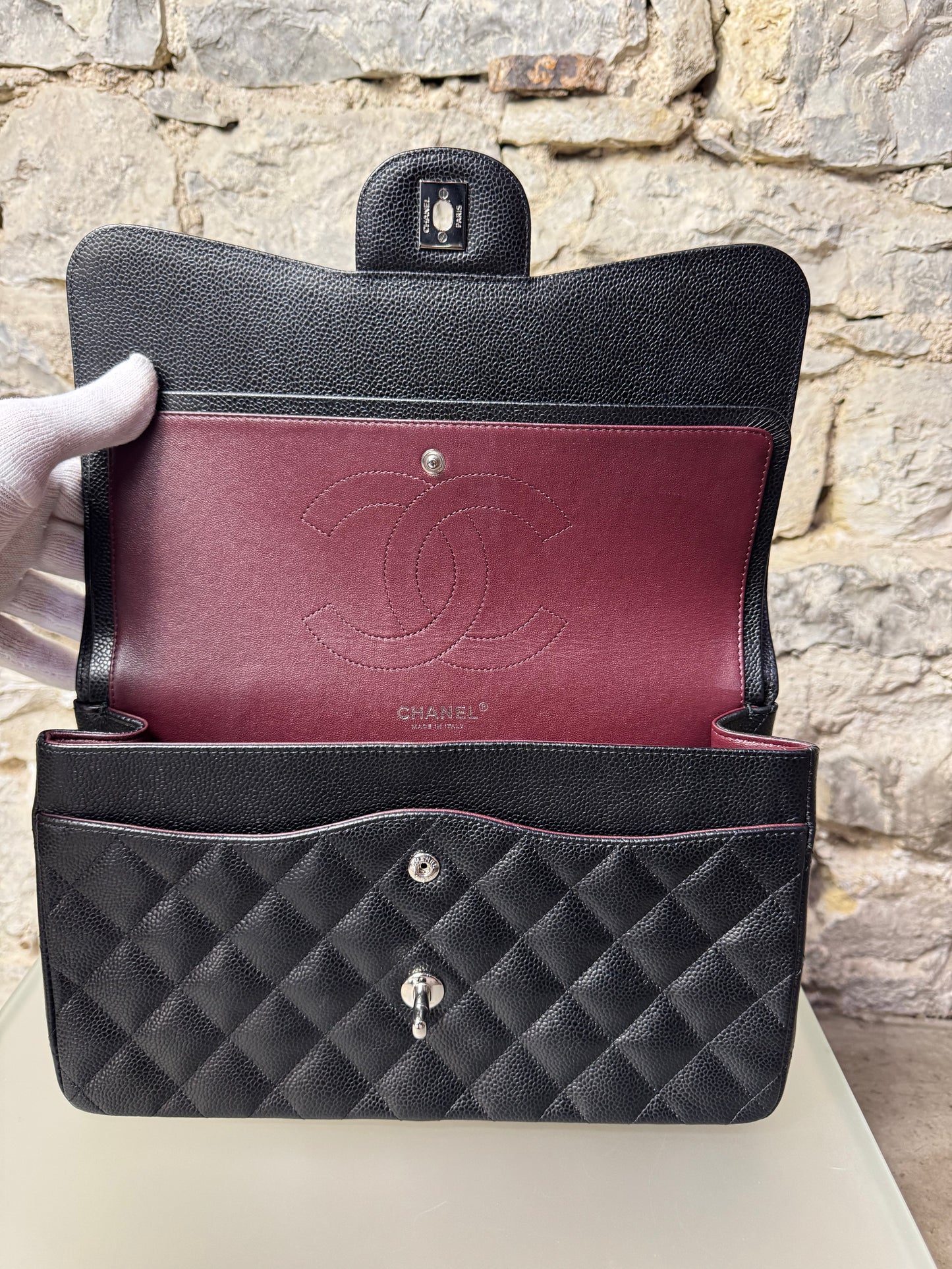 Chanel Jumbo Classic Double Flap Caviar Quilted Schwarz Silber