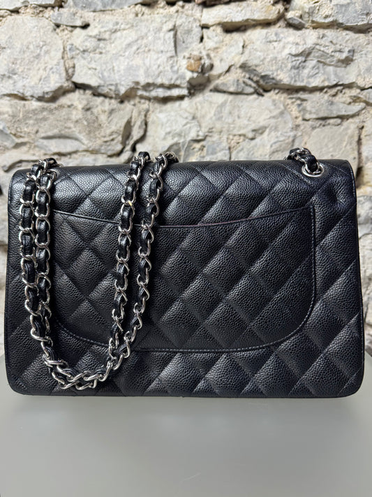 Chanel Jumbo Classic Double Flap Caviar Quilted Schwarz Silber