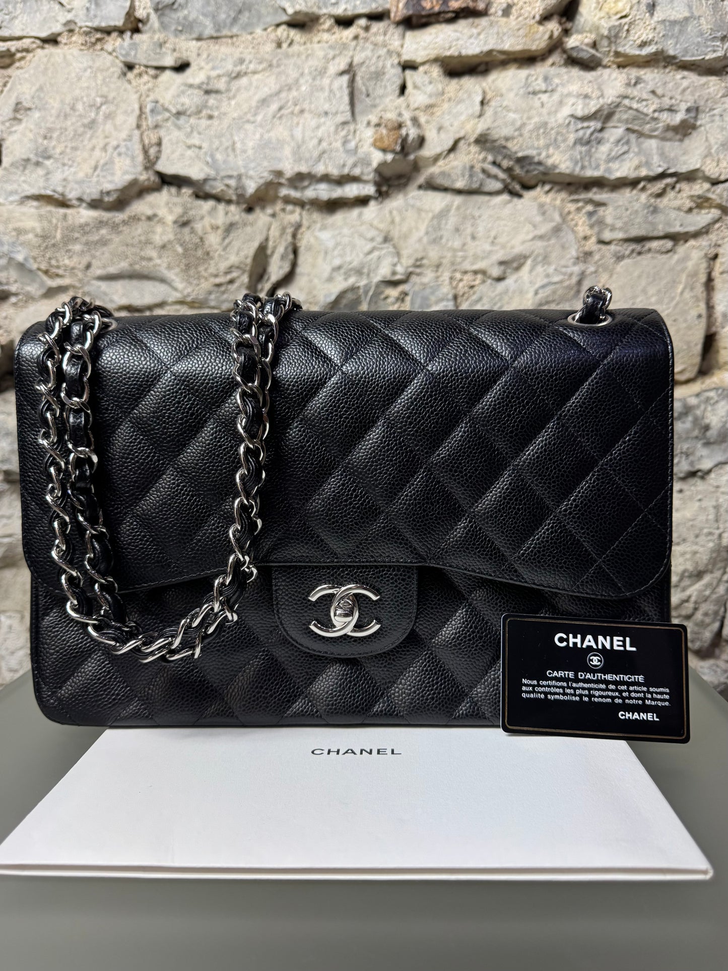 Chanel Jumbo Classic Double Flap Caviar Quilted Schwarz Silber