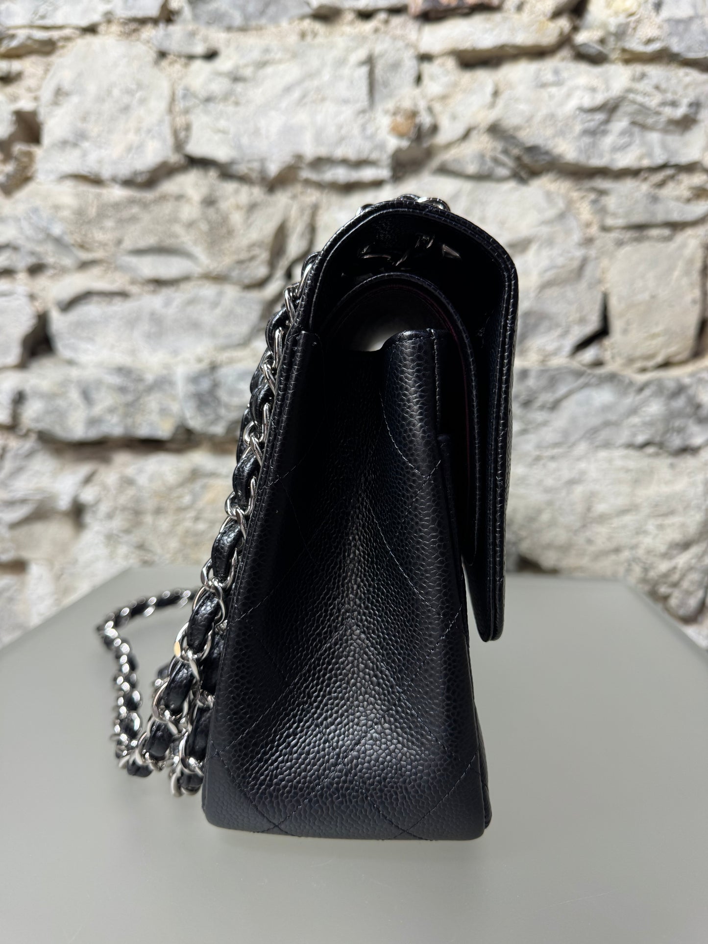 Chanel Jumbo Classic Double Flap Caviar Quilted Schwarz Silber