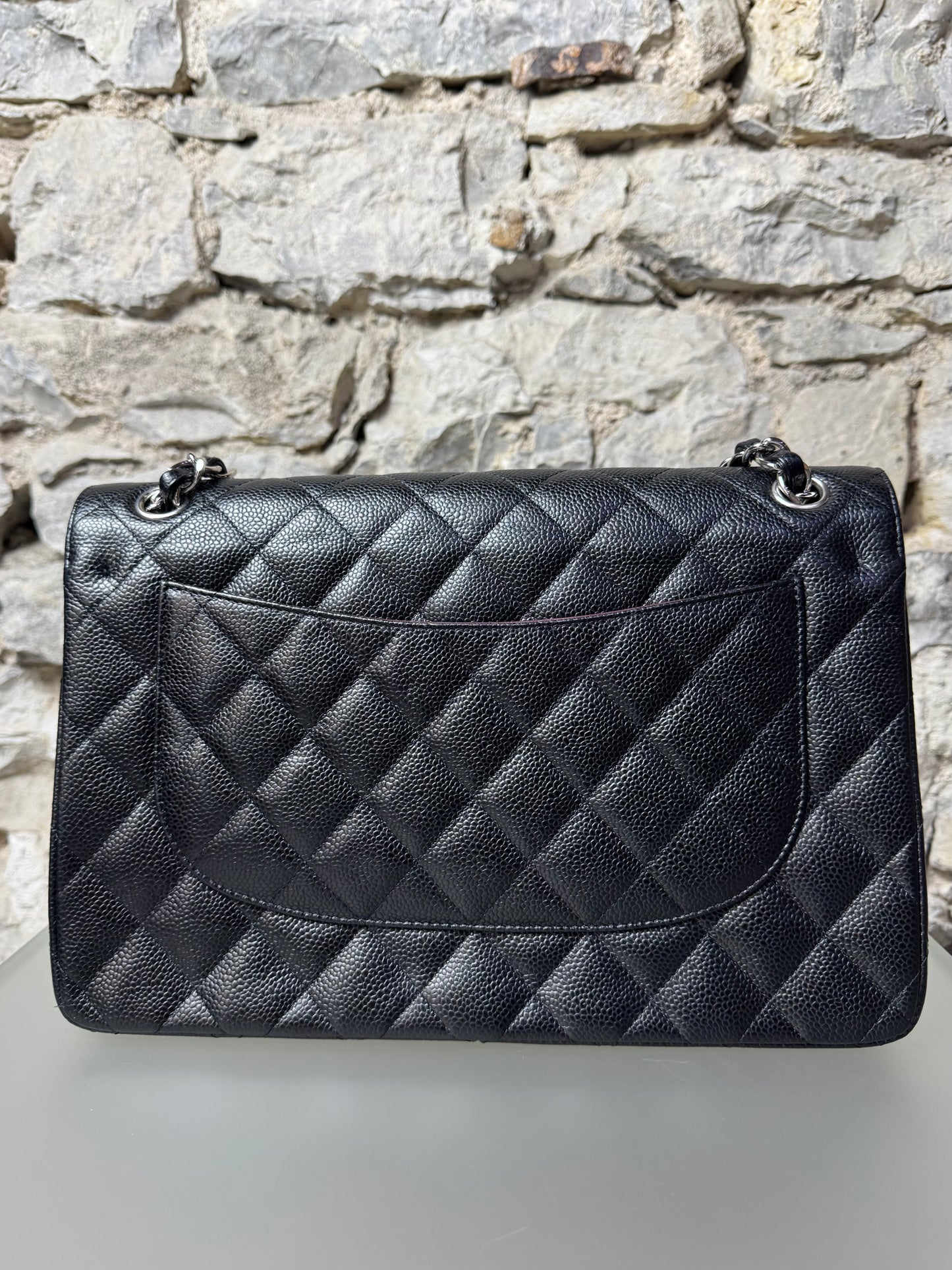 Chanel Jumbo Classic Double Flap Caviar Quilted Schwarz Silber