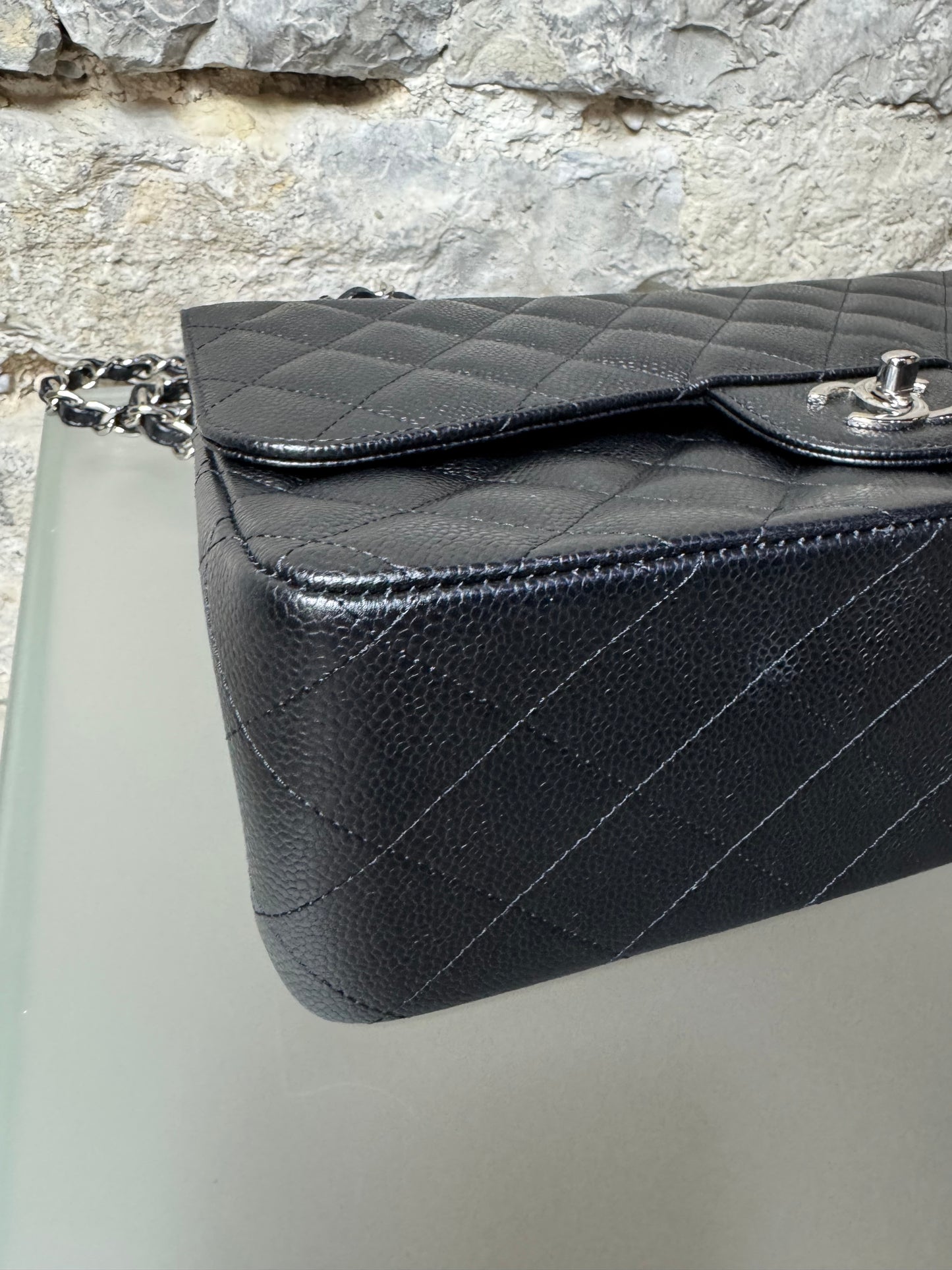 Chanel Jumbo Classic Double Flap Caviar Quilted Schwarz Silber