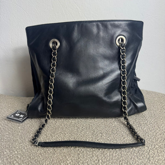 Prada Logo Embossed Leather & Nylon Chain Tote Bag Black