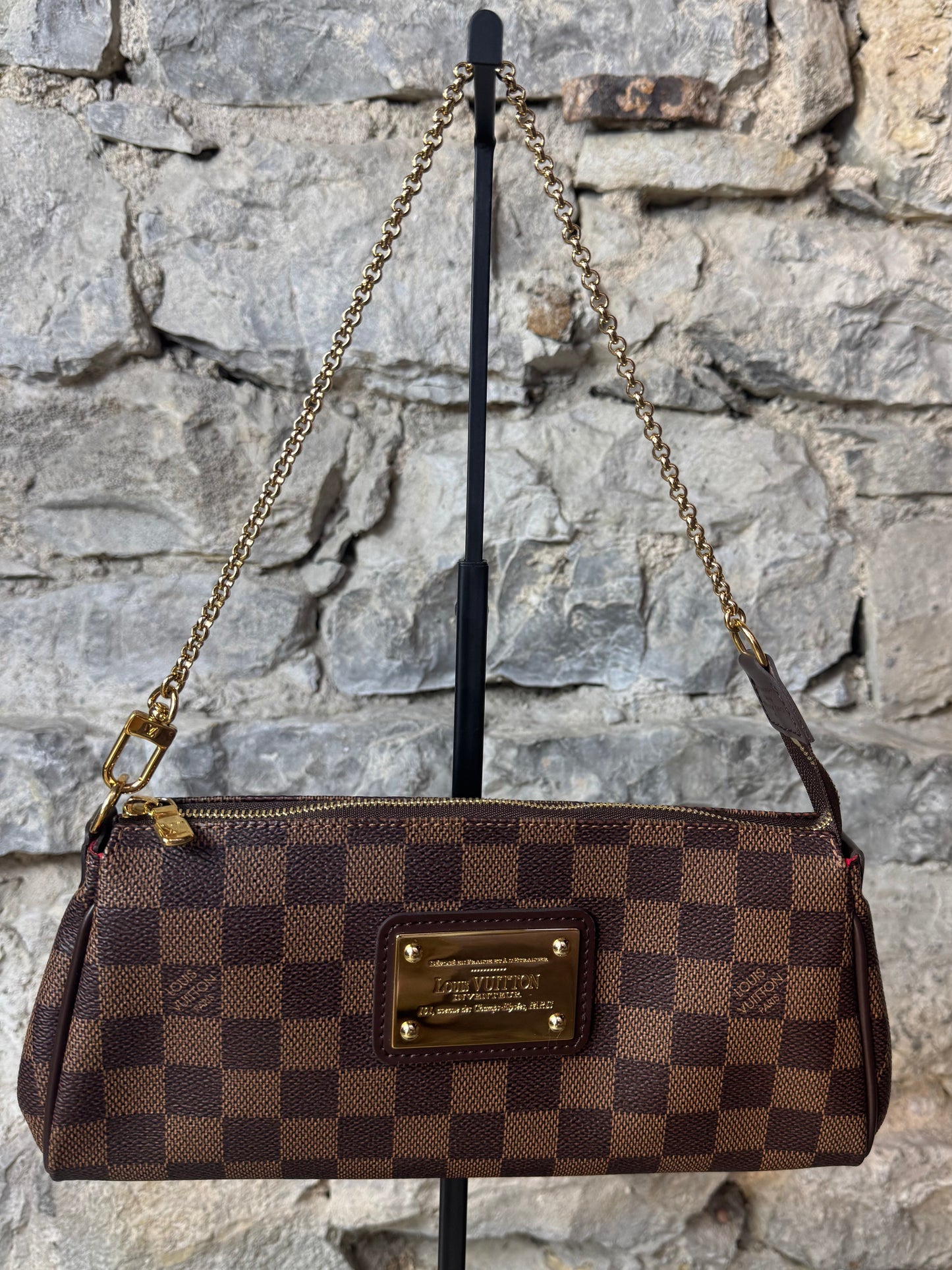 Louis Vuitton Eva Damier Pochette + Schulterriemen – Damier Ebène Canvas