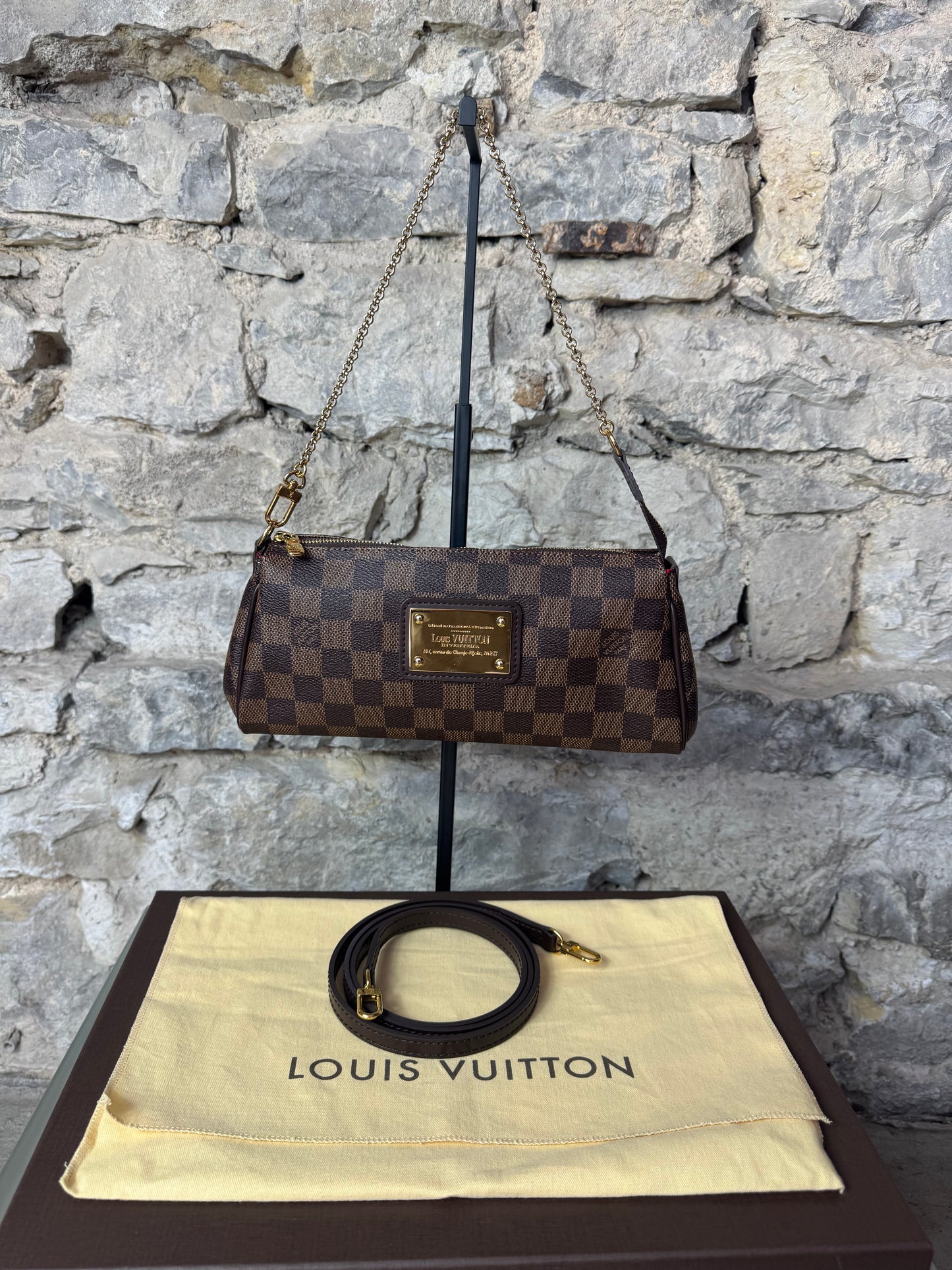 Louis Vuitton Eva Damier Pochette + Schulterriemen – Damier Ebène Canvas