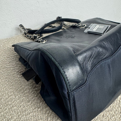 Prada Logo Embossed Leather & Nylon Chain Tote Bag Black