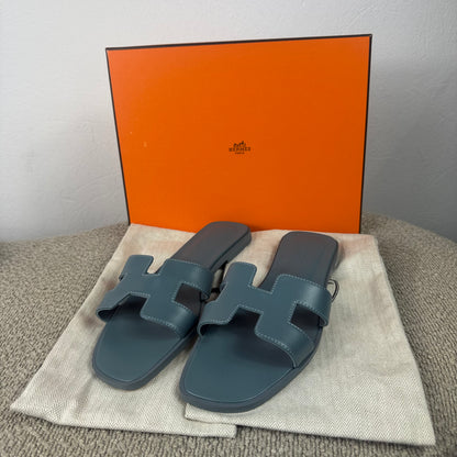 Hermès Oran Damen Sandalen Leder Blau – Gr. 38,5