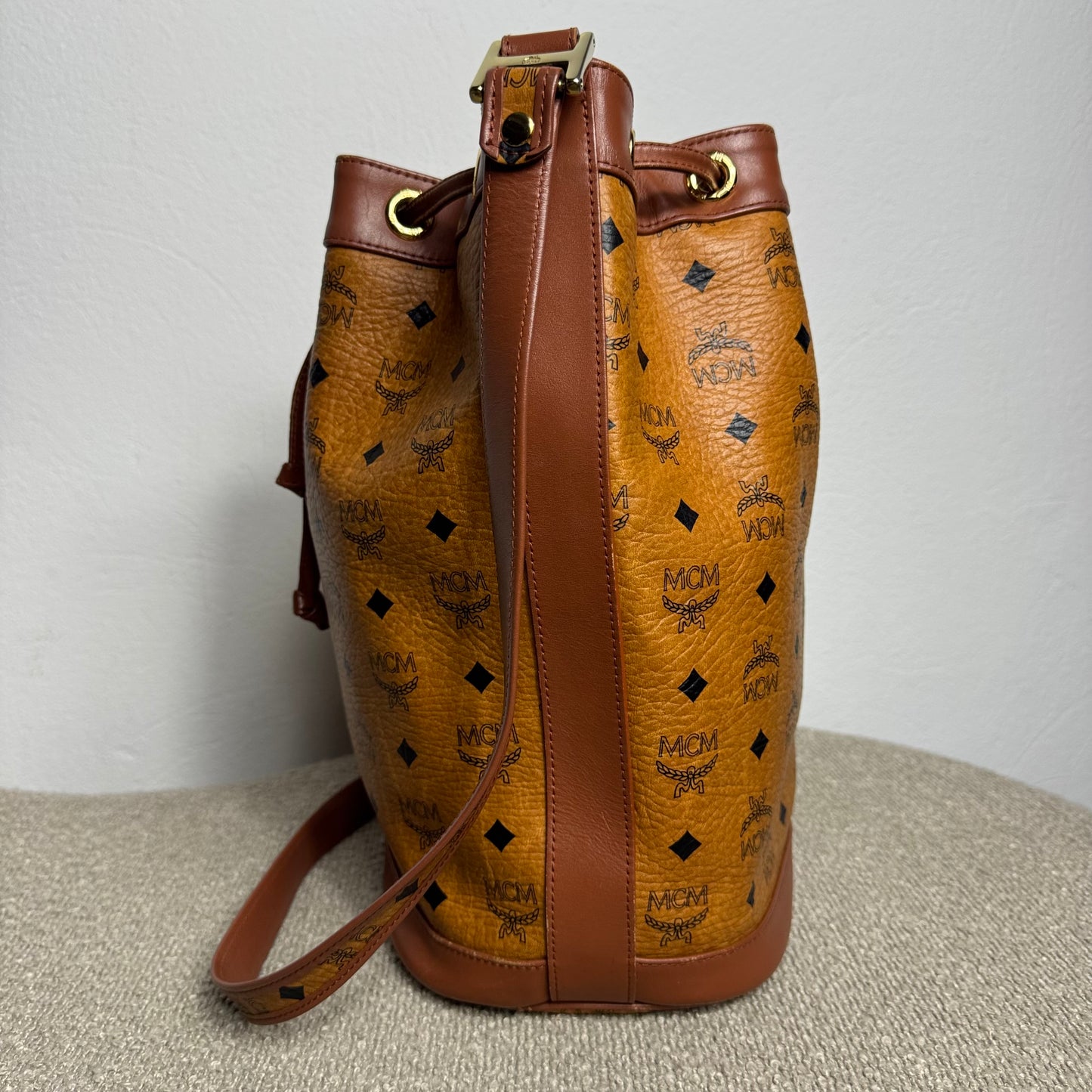 MCM Heritage Visetos Drawstring Bucket Bag Cognac