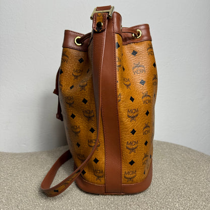 MCM Heritage Visetos Drawstring Bucket Bag Cognac