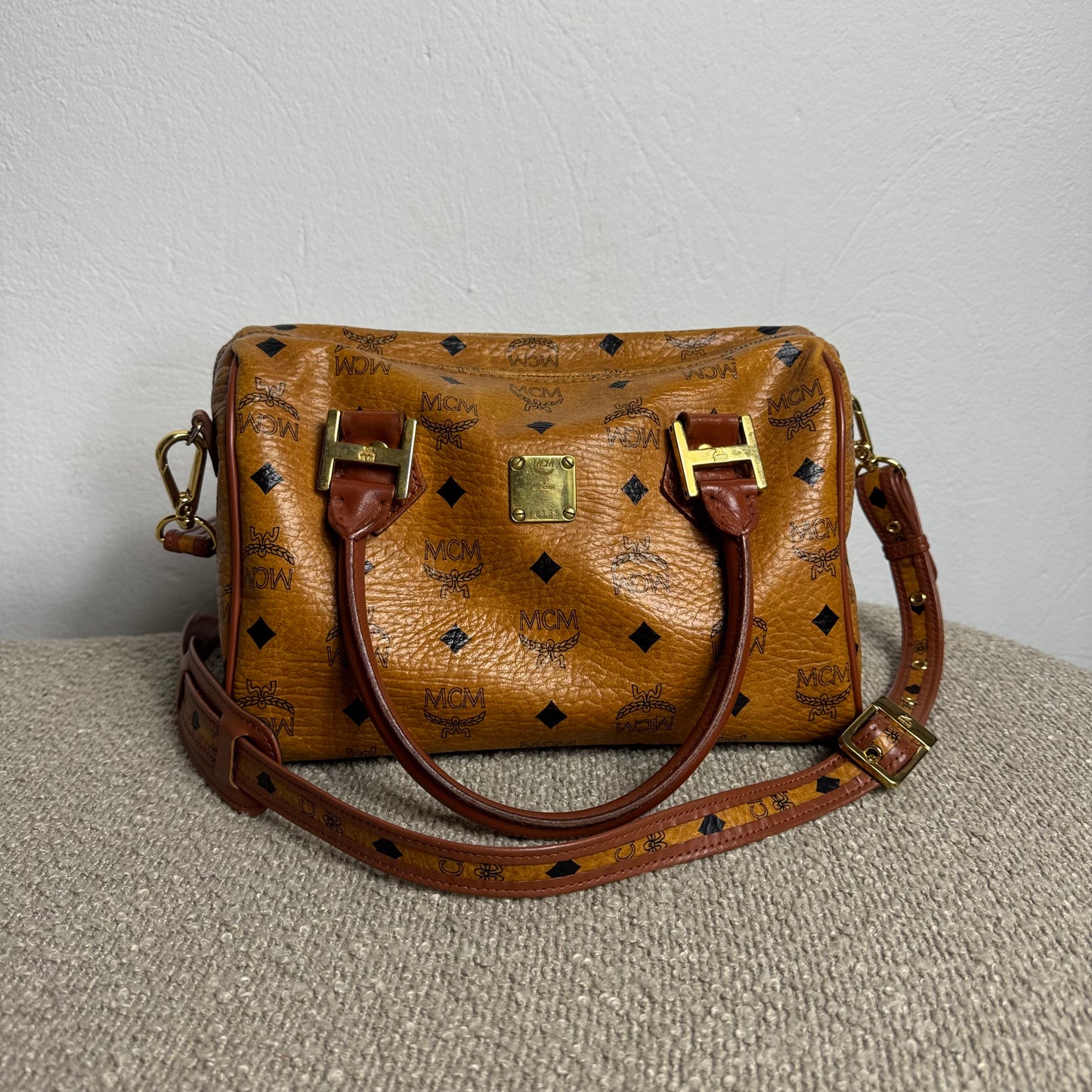 MCM Monogram Visetos Boston Bag Cognac