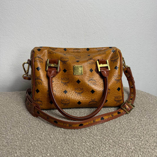 MCM Monogram Visetos Boston Bag Cognac