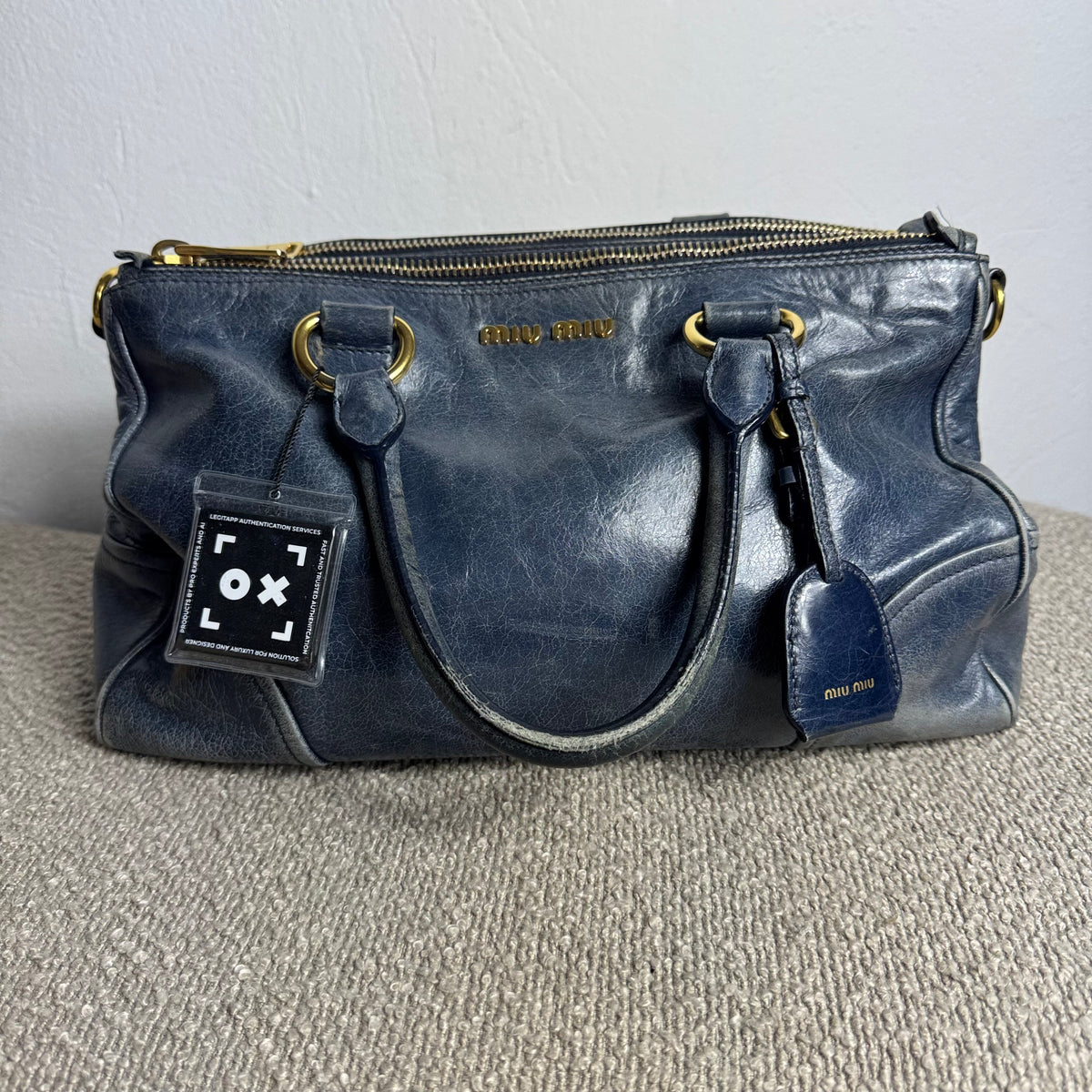 Miu Miu Vitello Shine Double Zip Leather Blue – Ellys Secondhand