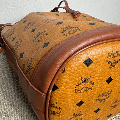 MCM Heritage Visetos Drawstring Bucket Bag Cognac