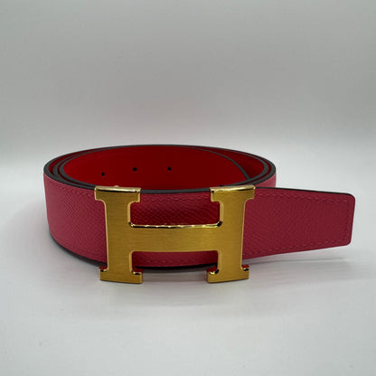 Hermès H Gürtelschließe Goldfarben mit wendbarem Lederriemen Rouge Radieux / Rosa
