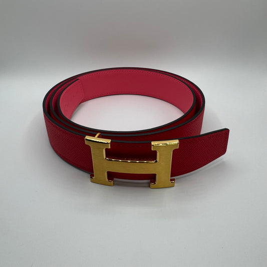 Hermès H Gürtelschließe Goldfarben mit wendbarem Lederriemen Rouge Radieux / Rosa