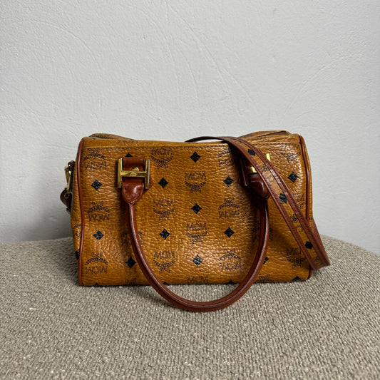MCM Monogram Visetos Boston Bag Cognac