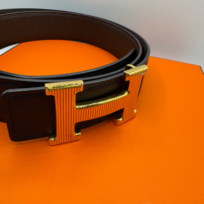 Hermès Gürtel H Striée – Wendbarer Gürtelriemen Schwarz / Ébène
