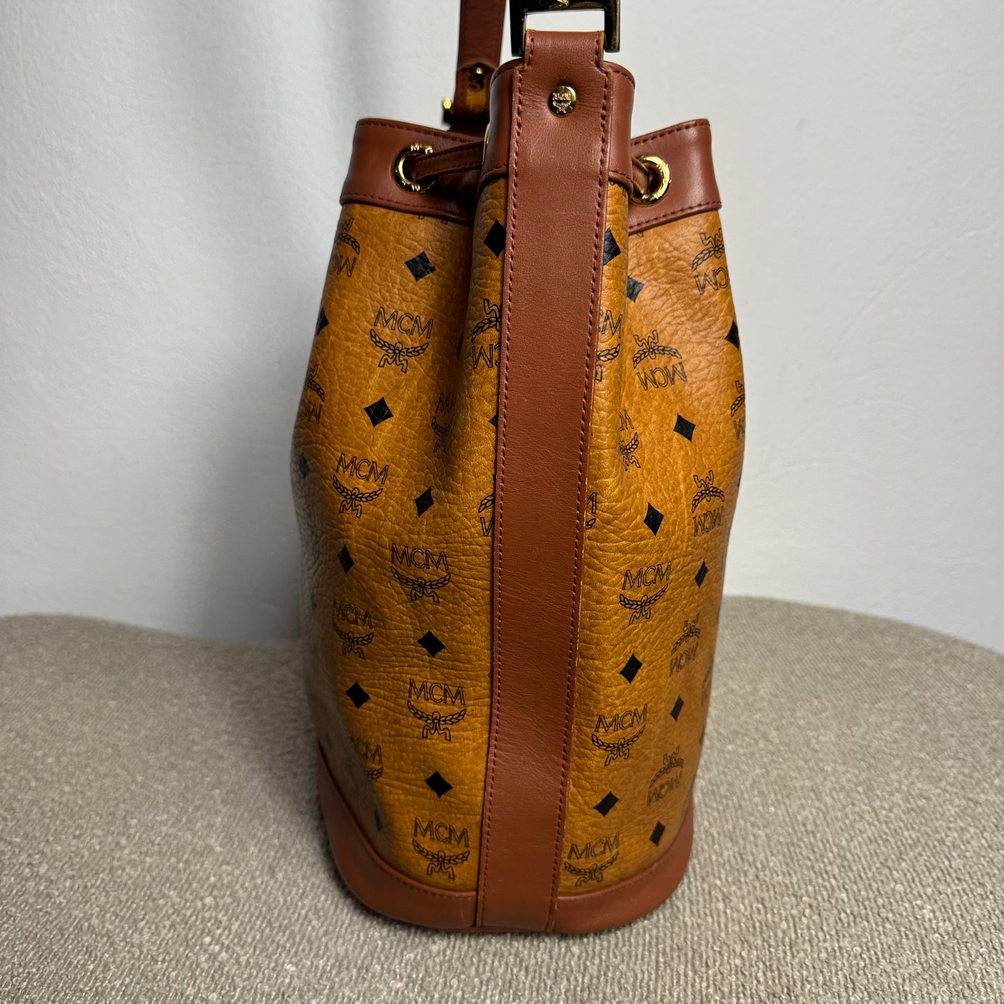 MCM Heritage Visetos Drawstring Bucket Bag Cognac