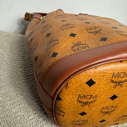 MCM Heritage Visetos Drawstring Bucket Bag Cognac
