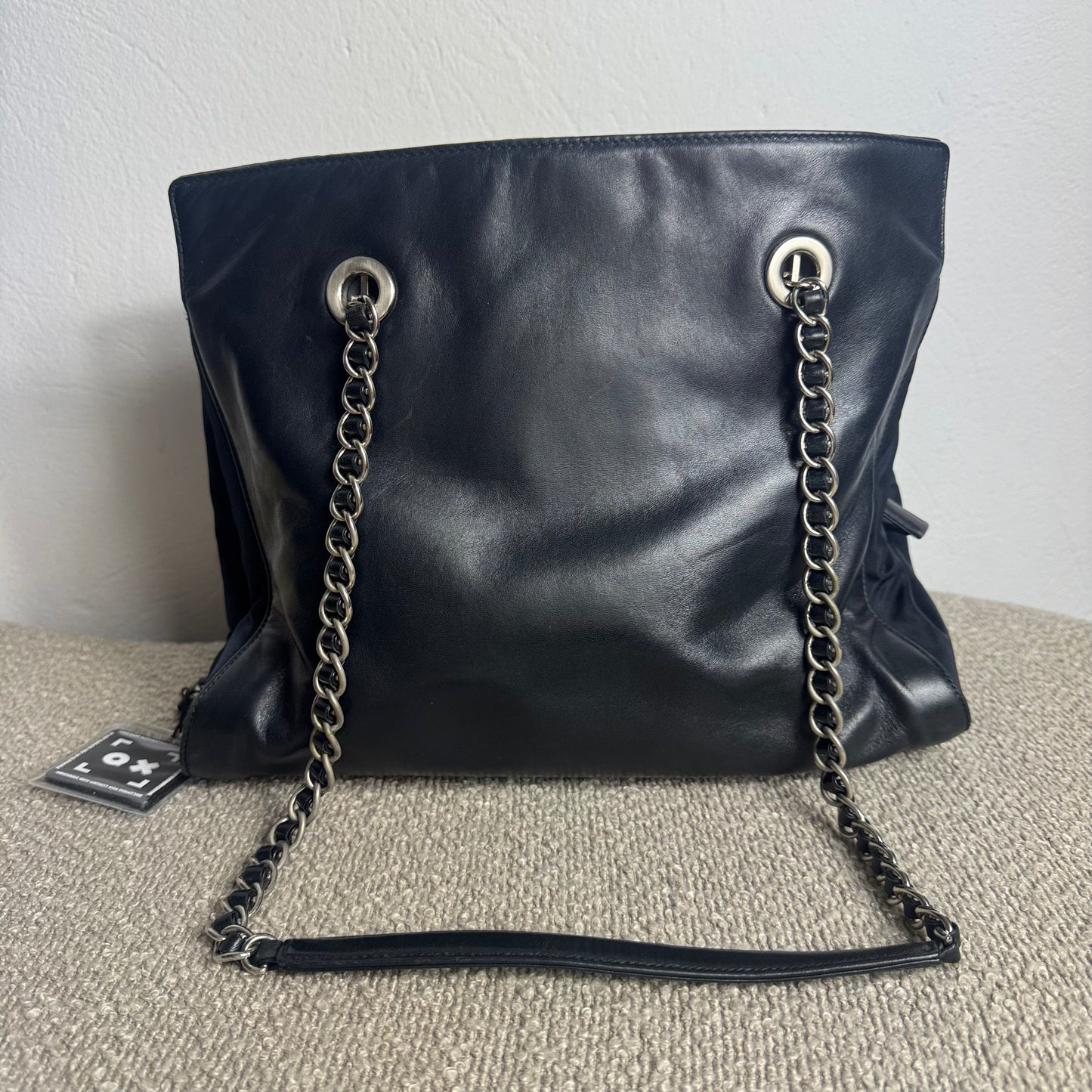 Prada Logo Embossed Leather & Nylon Chain Tote Bag Black