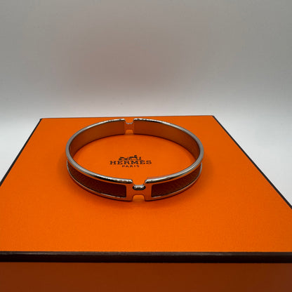 Hermès Olympe Armreif T3 - Silberfarben mit braunem Leder