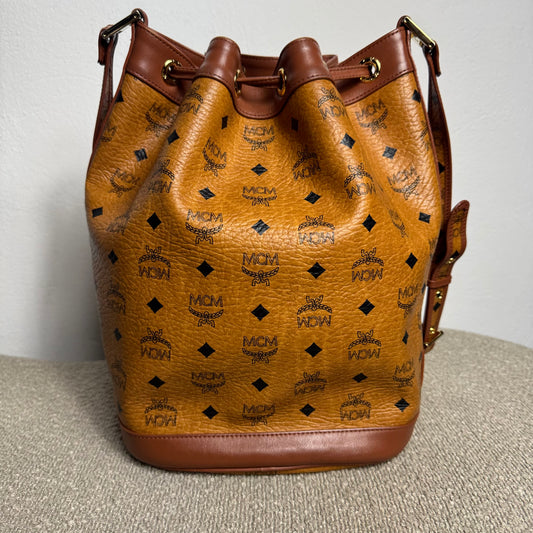 MCM Heritage Visetos Drawstring Bucket Bag Cognac