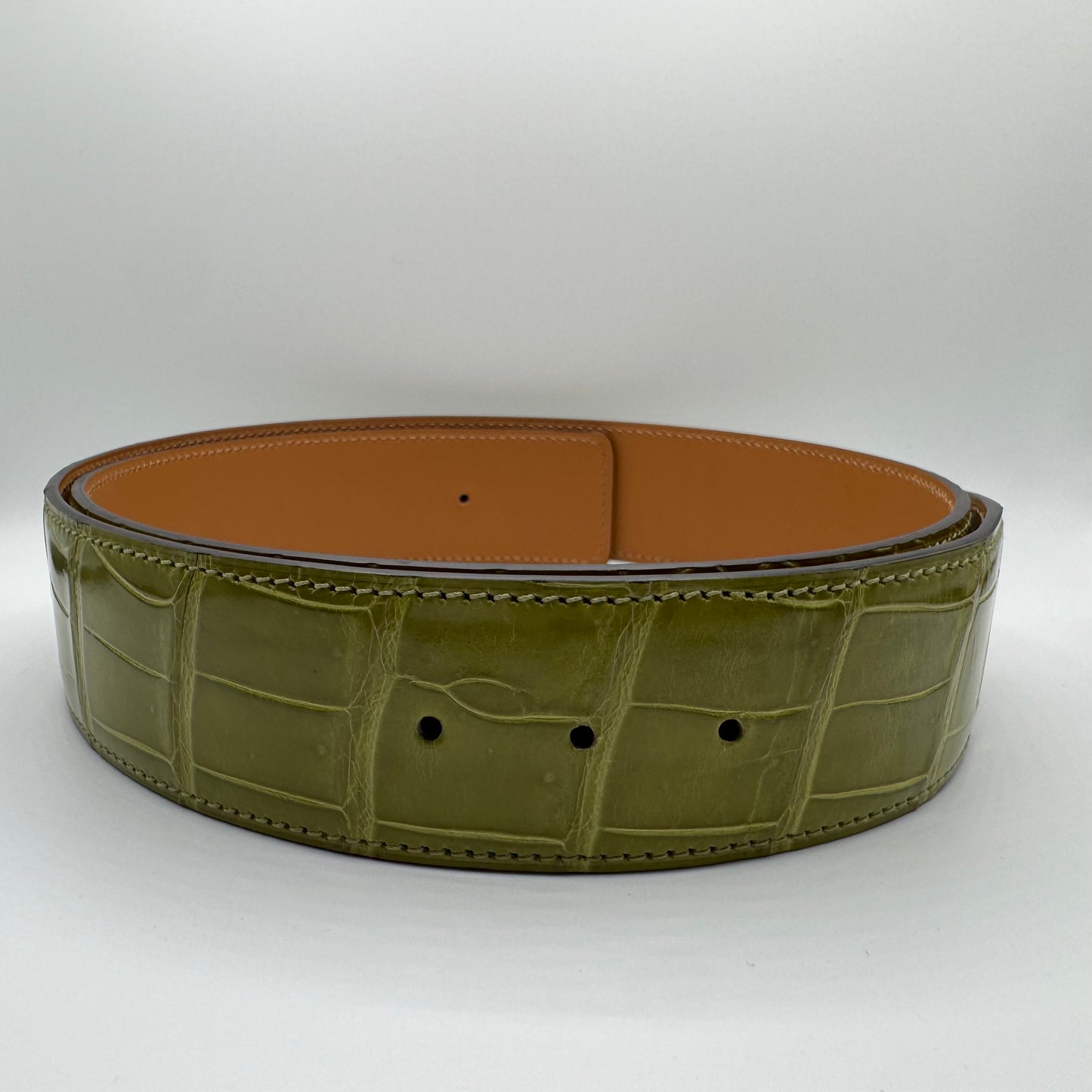 Hermès Shiny Porosus Krokodilleder Gürtelriemen – Grün – 85 cm / 40 mm