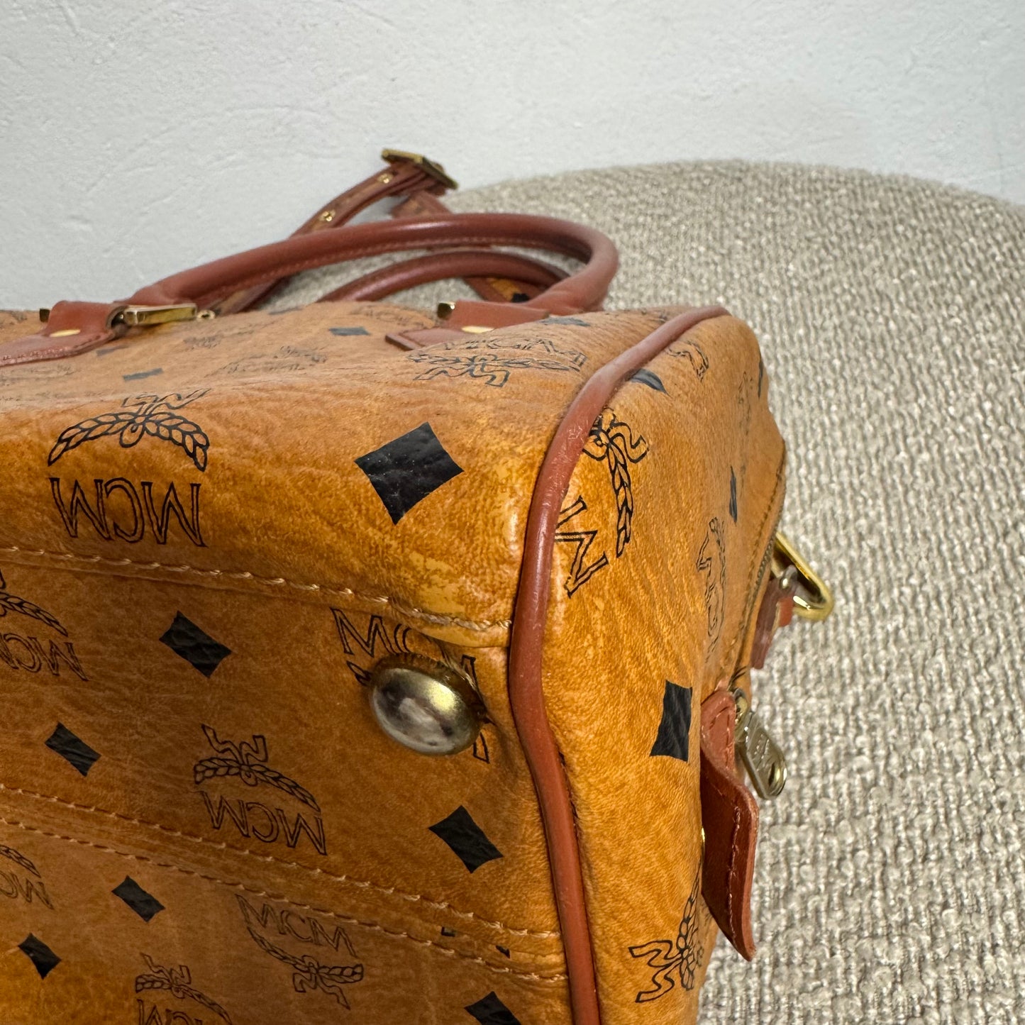 MCM Monogram Visetos Boston Bag Cognac