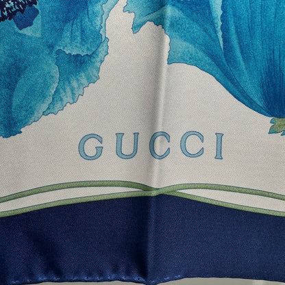 Foulard en soie Gucci "Blue Poppies" (Coquelicots bleus) avec bordure contrastée