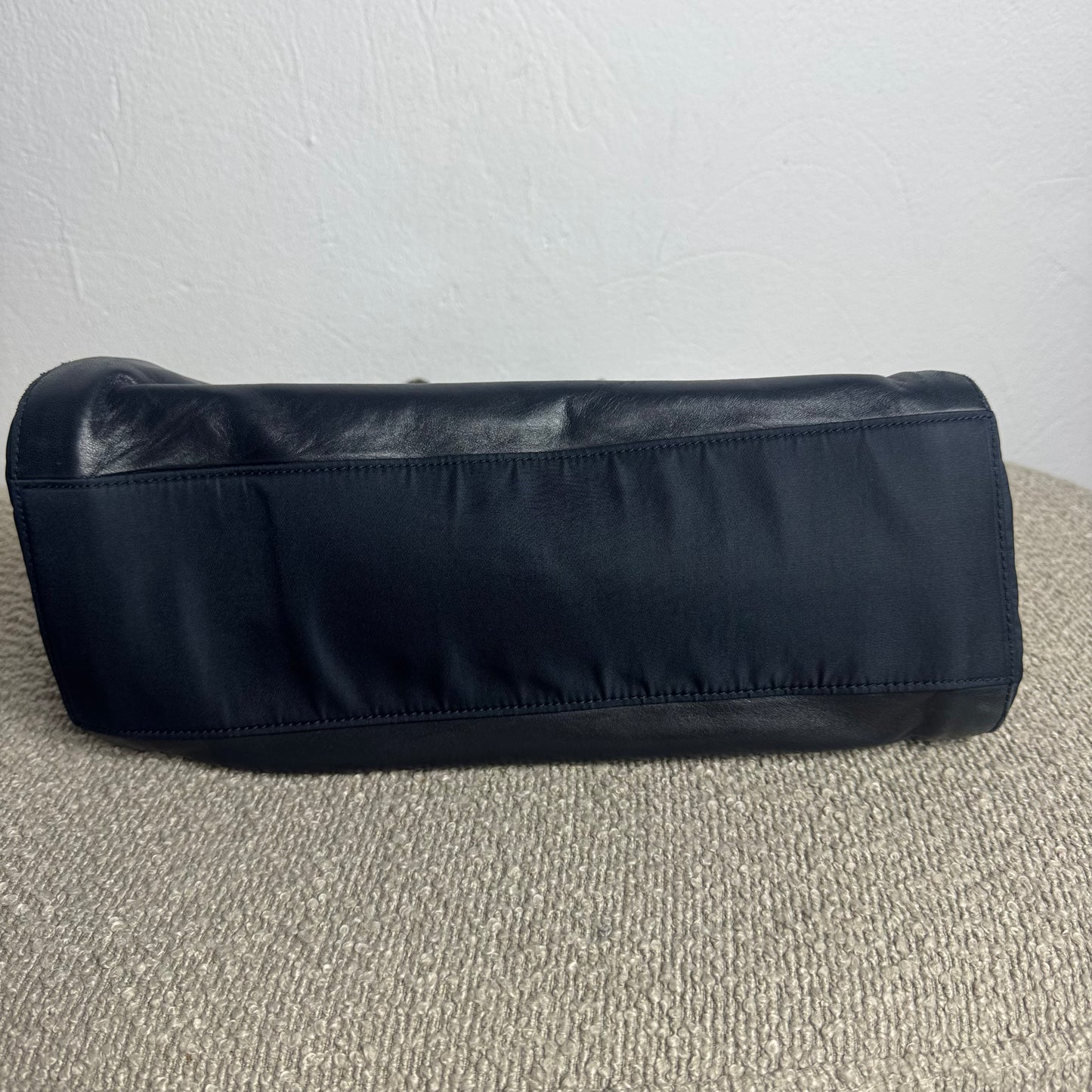 Prada Logo Embossed Leather & Nylon Chain Tote Bag Black