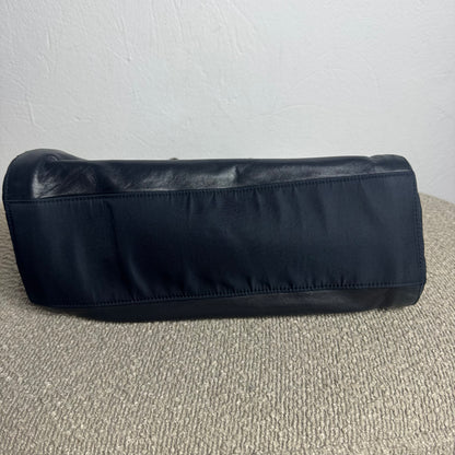 Prada Logo Embossed Leather & Nylon Chain Tote Bag Black