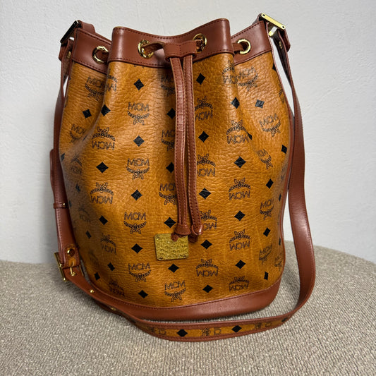 MCM Heritage Visetos Drawstring Bucket Bag Cognac