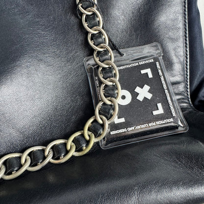Prada Logo Embossed Leather & Nylon Chain Tote Bag Black