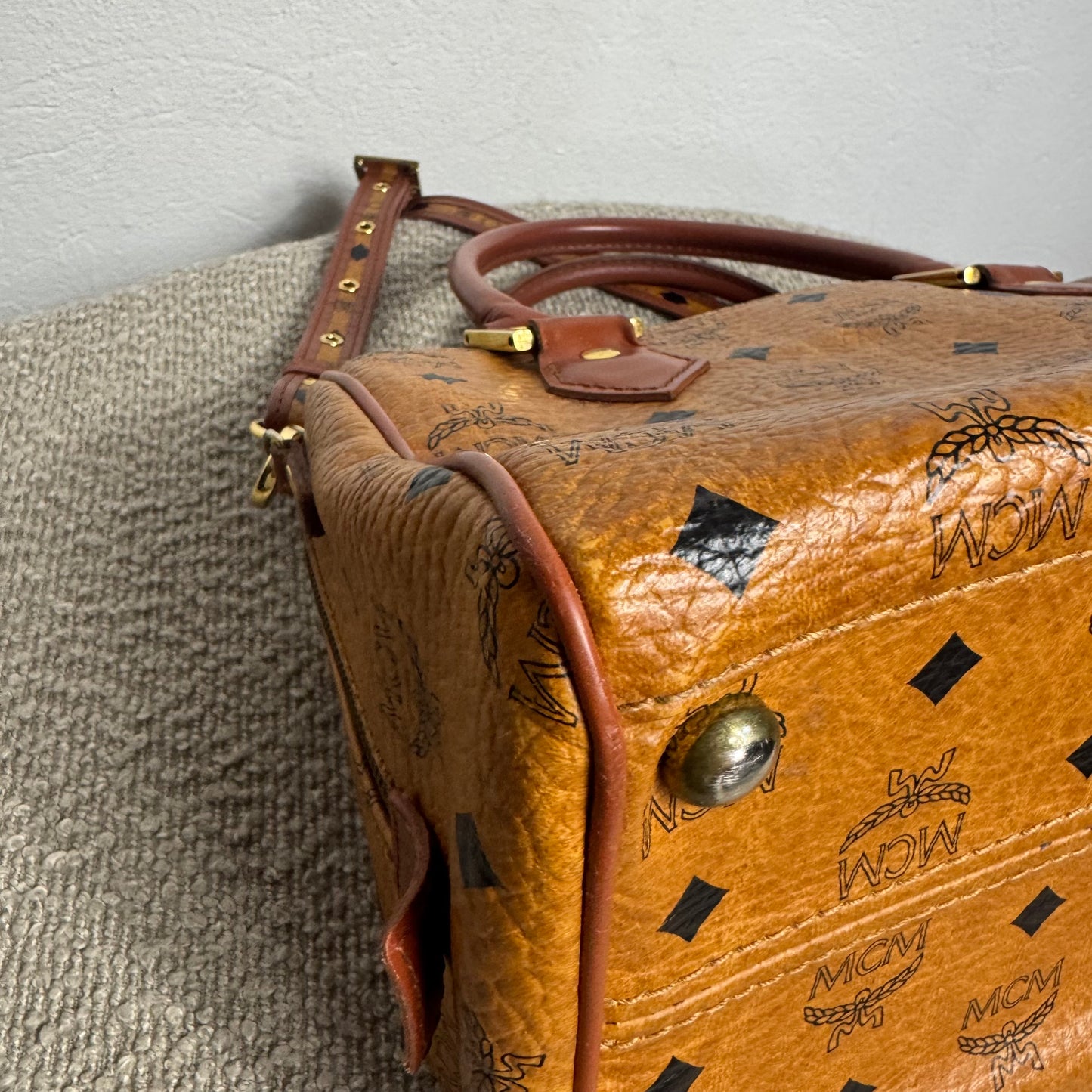 MCM Monogram Visetos Boston Bag Cognac