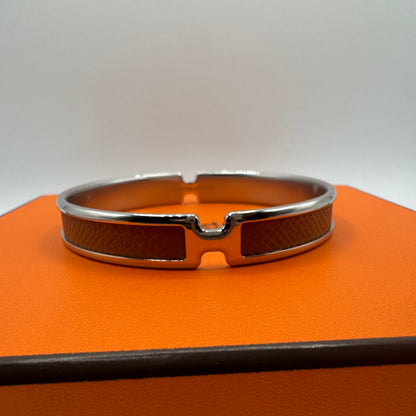 Hermès Olympe Armreif T3 - Silberfarben mit braunem Leder