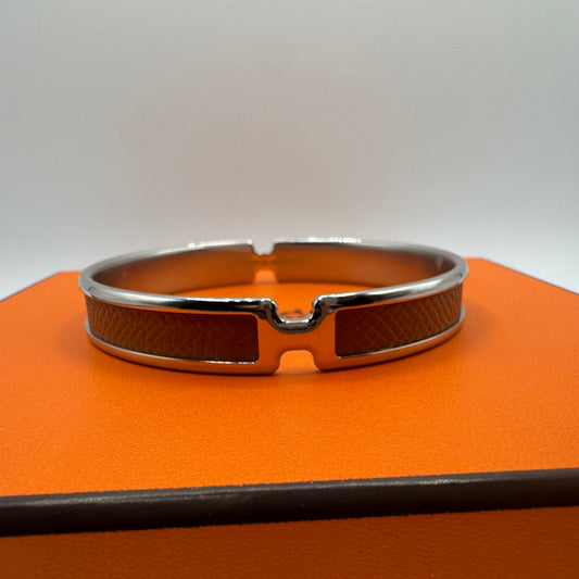 Hermès Olympe Armreif T3 - Silberfarben mit braunem Leder