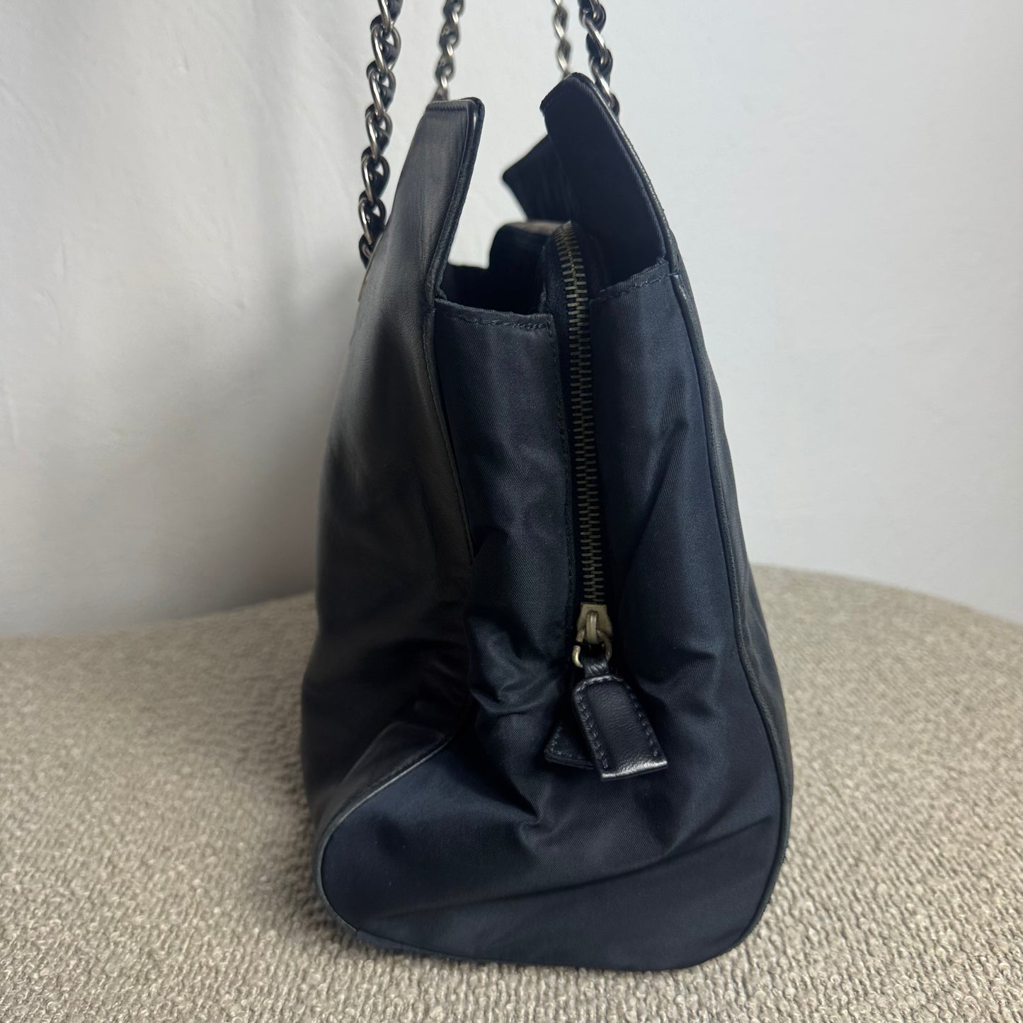 Prada Logo Embossed Leather & Nylon Chain Tote Bag Black