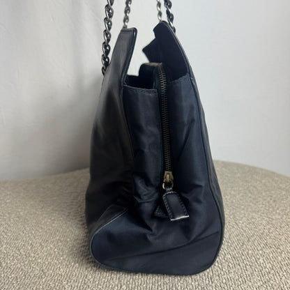 Prada Logo Embossed Leather & Nylon Chain Tote Bag Black