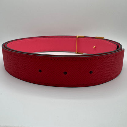 Hermès H Gürtelschließe Goldfarben mit wendbarem Lederriemen Rouge Radieux / Rosa