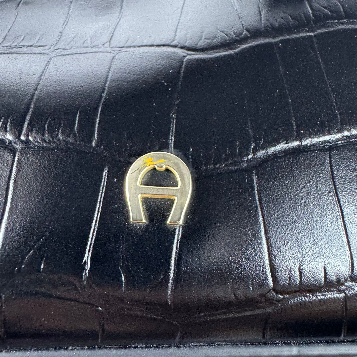 Aigner Beuteltasche – Schwarzes Leder mit Kroko-Prägung