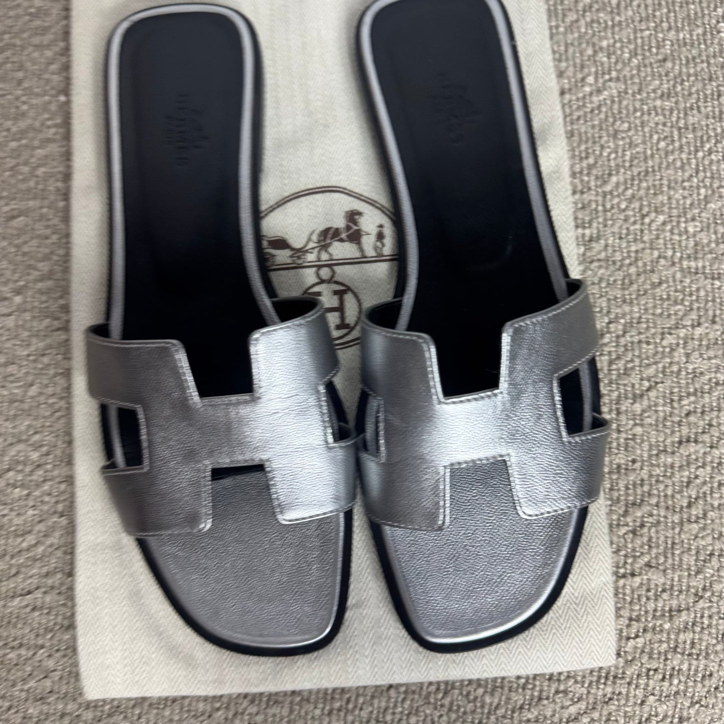 Hermès Oran Sandalen Metallic-Silber Leder Gr. 40