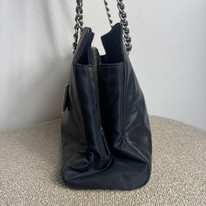 Prada Logo Embossed Leather & Nylon Chain Tote Bag Black