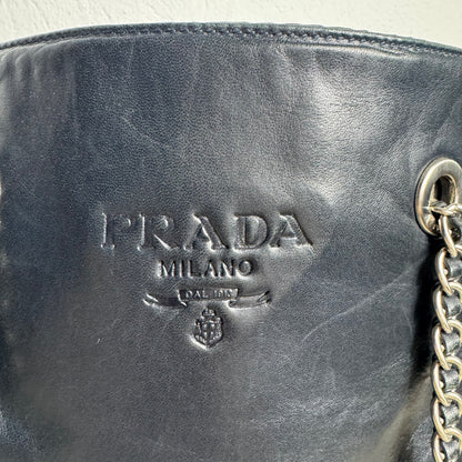 Prada Logo Embossed Leather & Nylon Chain Tote Bag Black