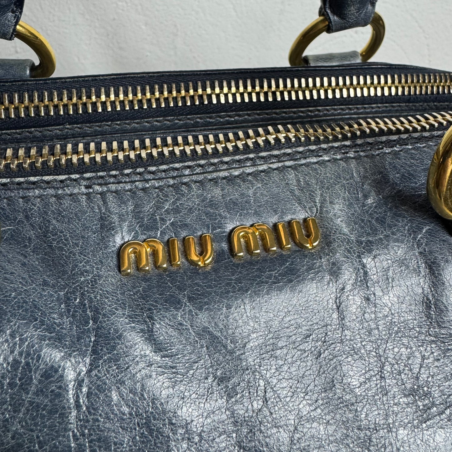 Miu Miu Sitello Shine Double Zip Leder blau