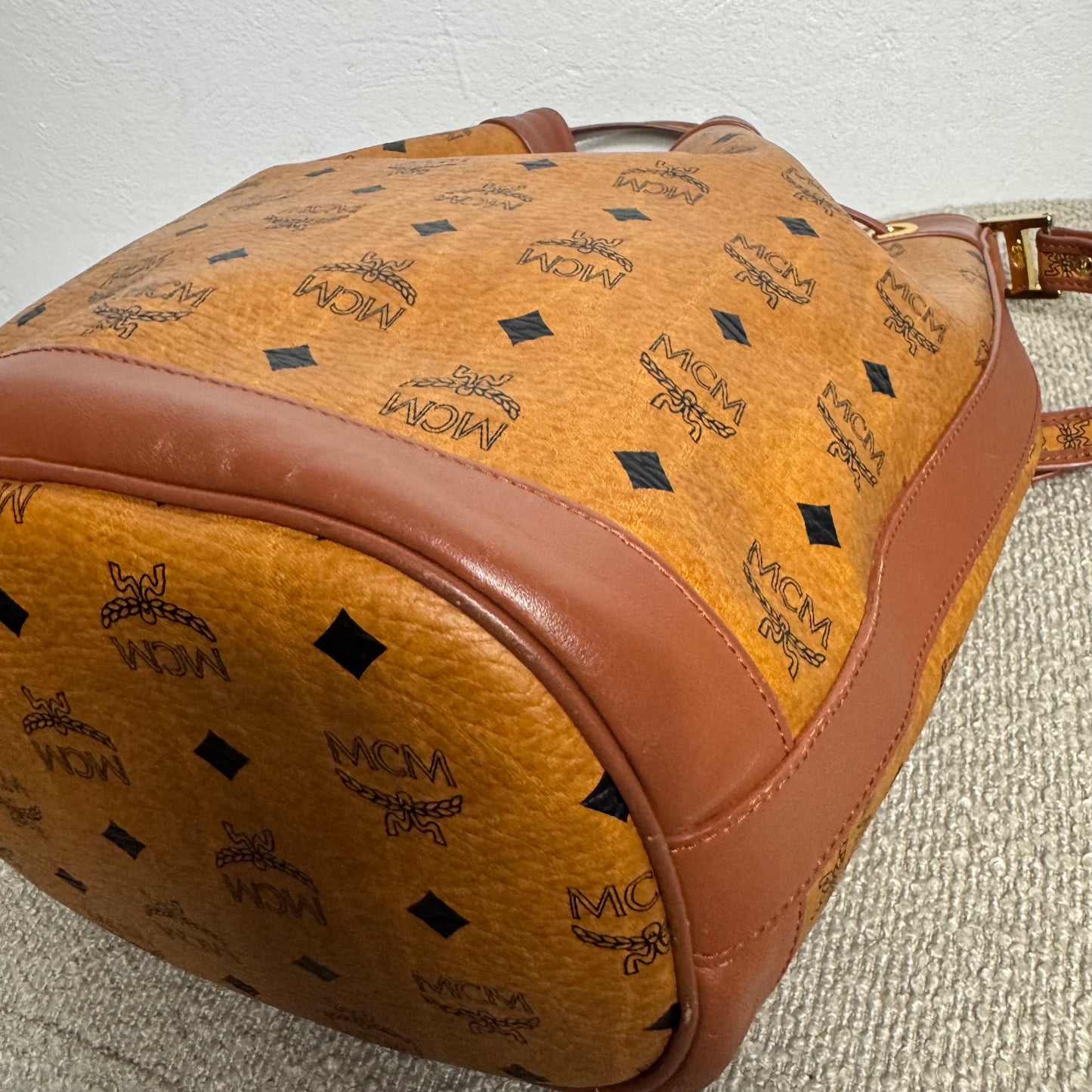 MCM Heritage Visetos Drawstring Bucket Bag Cognac