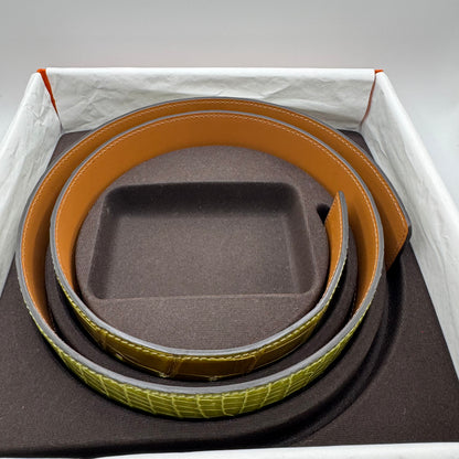 Hermès Shiny Porosus Krokodilleder Gürtelriemen – Grün – 85 cm / 40 mm