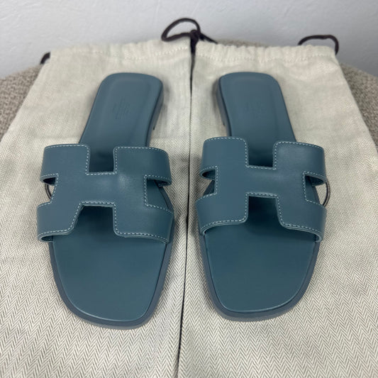 Hermès Oran Damen Sandalen Leder Blau – Gr. 38,5