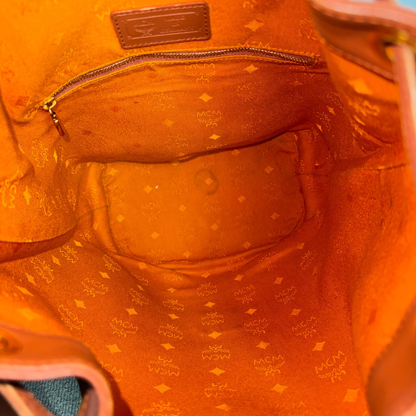 MCM Heritage Visetos Drawstring Bucket Bag Cognac