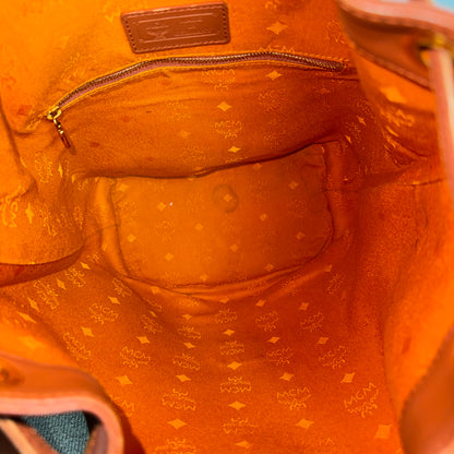 MCM Heritage Visetos Drawstring Bucket Bag Cognac