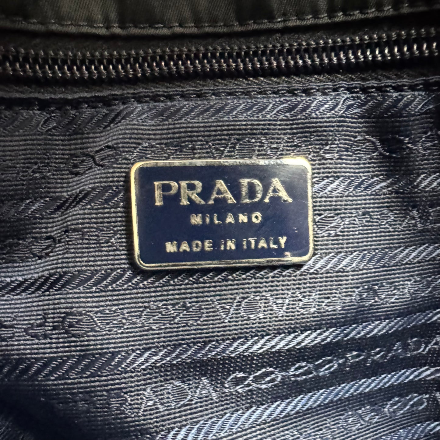 Prada Logo Embossed Leather & Nylon Chain Tote Bag Black